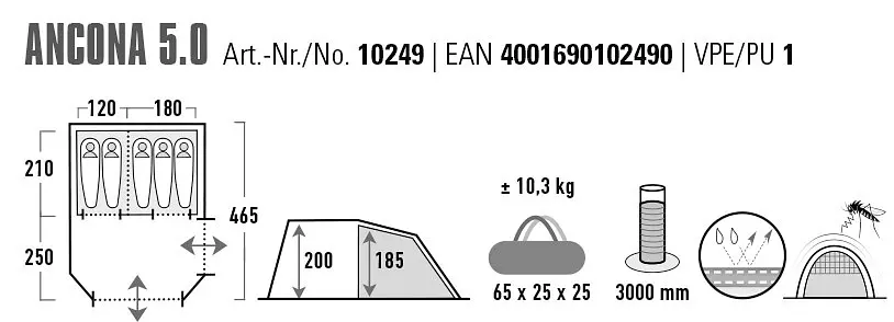 Намет п'ятимісний High Peak Ancona 5.0 Light Grey/Dark Grey/Green (10249) - фото 7