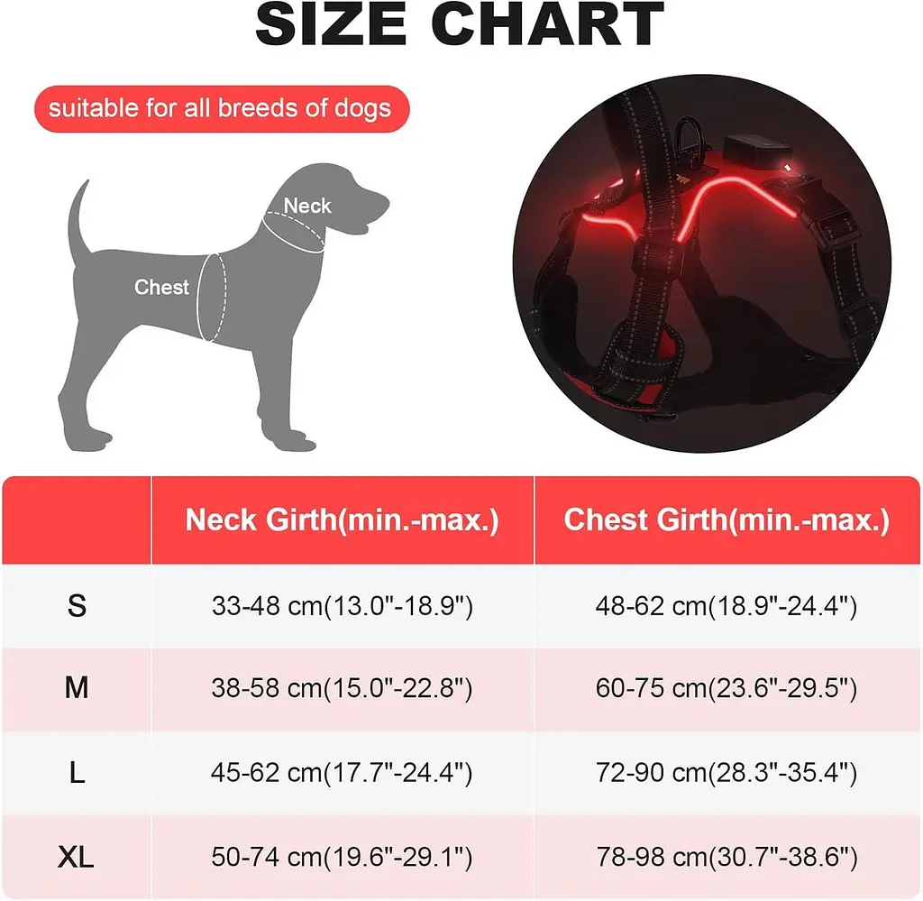 MASBRILL Led Dog Harness - перезаряджається шлейка для собак, що світиться, що світиться і світловідбивна, не тягне, регульована ш - фото 5