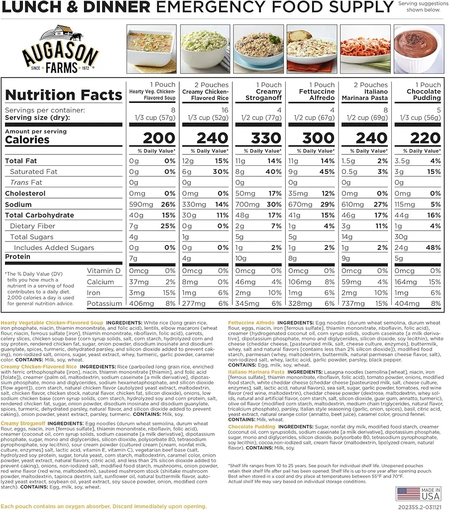 Сублімовані обіди та вечері 92 порції з великим терміном придатності 25 років Augason farms (101095) - фото 2