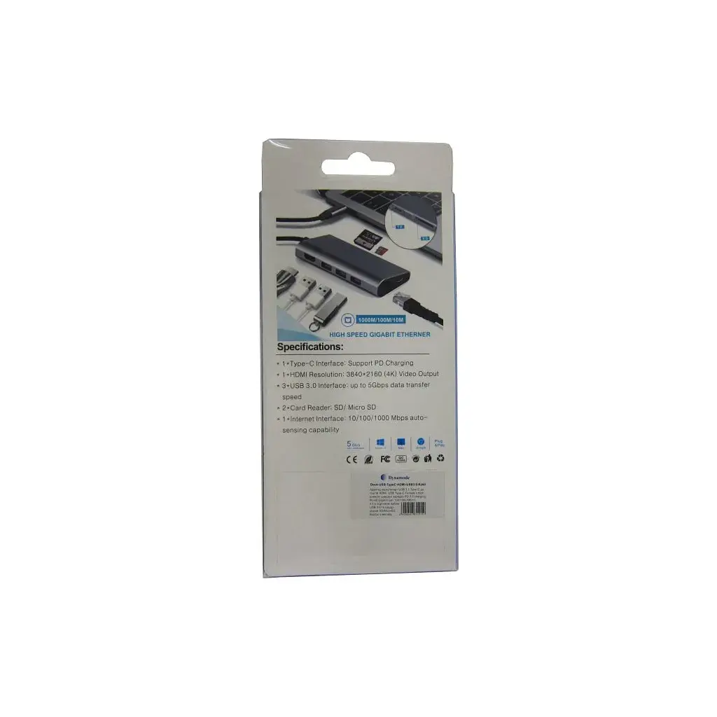 Концентратор Dynamode USB3.1 Type-C to HDMI, 3хUSB3.0, RJ45, USB Type-C Female, SD (Dock-USB-TypeC-HDMI-USB3.0-RJ45) - фото 8