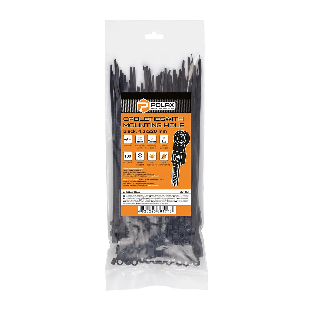 Хомут пластиковий (стяжка) Polax кабельний з монтажним кільцем 4,2 х 220 мм, чорний 100 шт. (37-118) - фото 5