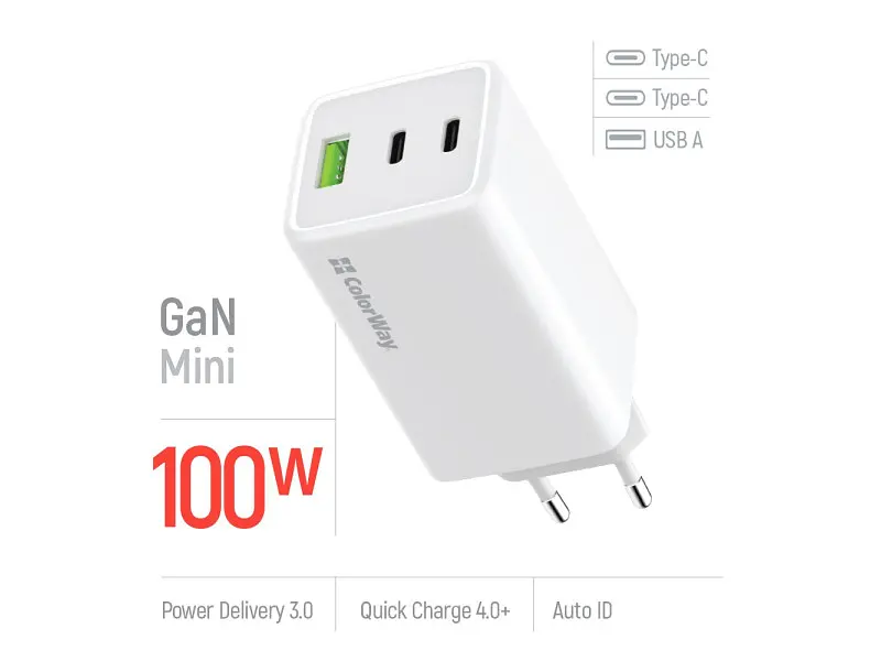 Мережевий зарядний пристрій ColorWay GaN Mini 100 W White (CW-CHS061PD-WT) - фото 3