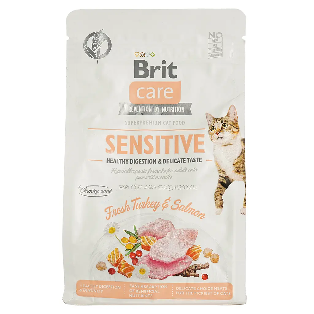 Сухой корм для кошек с чувствительным пищеварением Brit Care Cat GF Sensitive Digestion&Delicate Taste со свежей индейкой и лососем 0.4 кг - фото 2