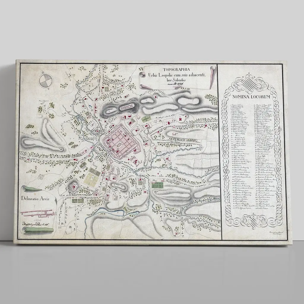 Інтер'єрна картина Львів, карта міста 1770 року, Україна, історія, інтер'єрний декор, 72×106 см (id7059)