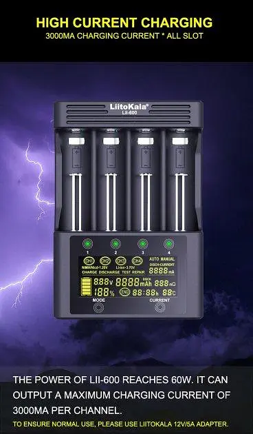 Заряднoe устройство Liitokala Lii-600 на 4 канала (для Ni-MH, Ni-CD, Li-Ion) с блоком питания и автоадаптером - фото 8