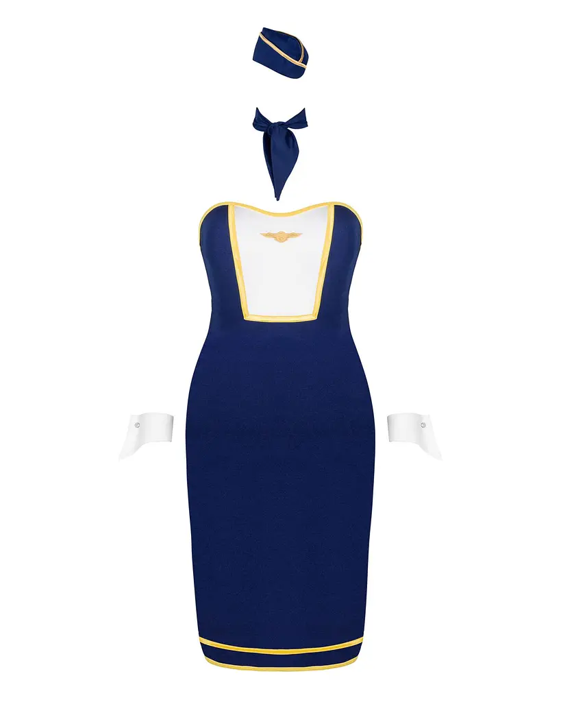 Еротичний костюм стюардеси Obsessive Stewardess uniform M/L, blue, сукня, пілотка, шарф, манжети - фото 5