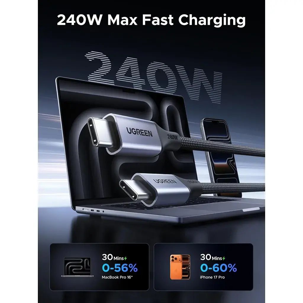 Дата кабель USB-C to USB-C 1.0m 240W 480Mbps braided black Ugreen (85973) - фото 2