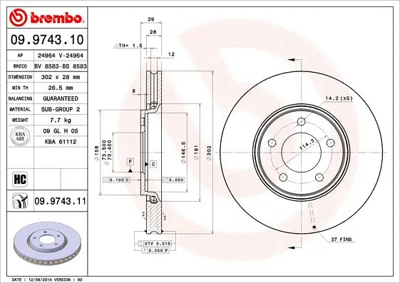 Диск гальмівний вентильований Chrysler Voyager III-IV, Ram 92-09р Brembo (09.9743.11) - фото 2