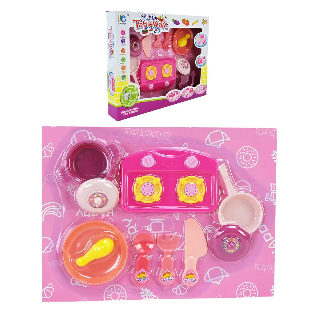 Ігровий набір кухонного начиння з рожевою плитою та посудом Tableware set (3653A-1)