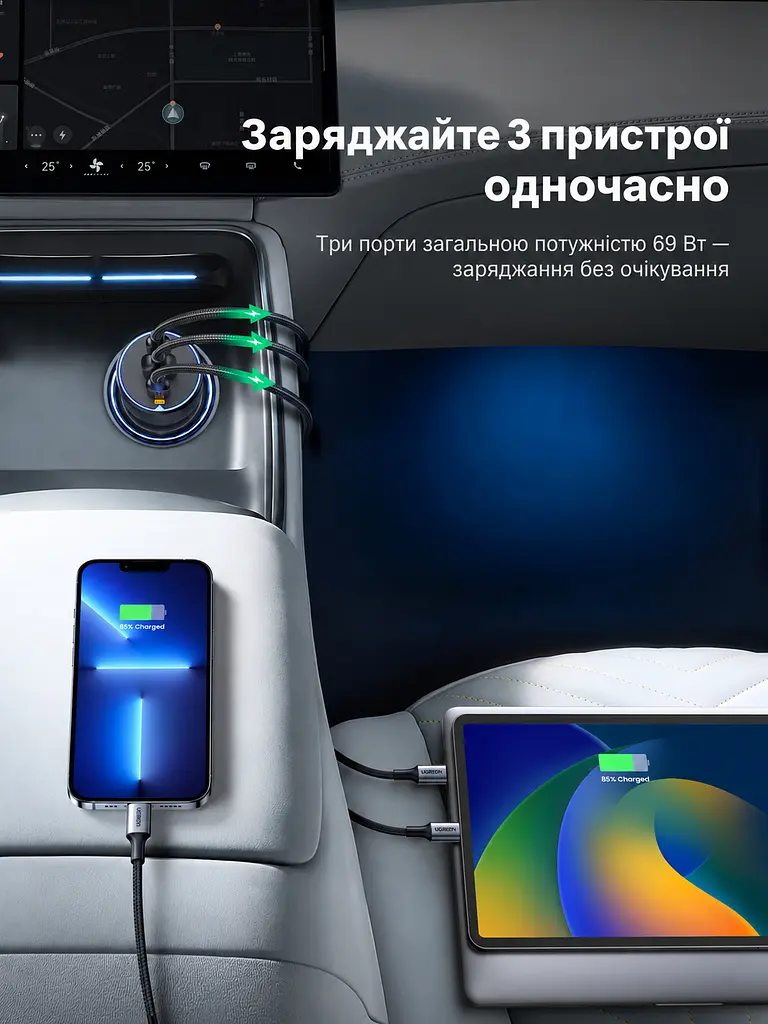 Автомобільний зарядний пристрій UGREEN EC703 2 USB-C + USB-A (35024) - фото 3