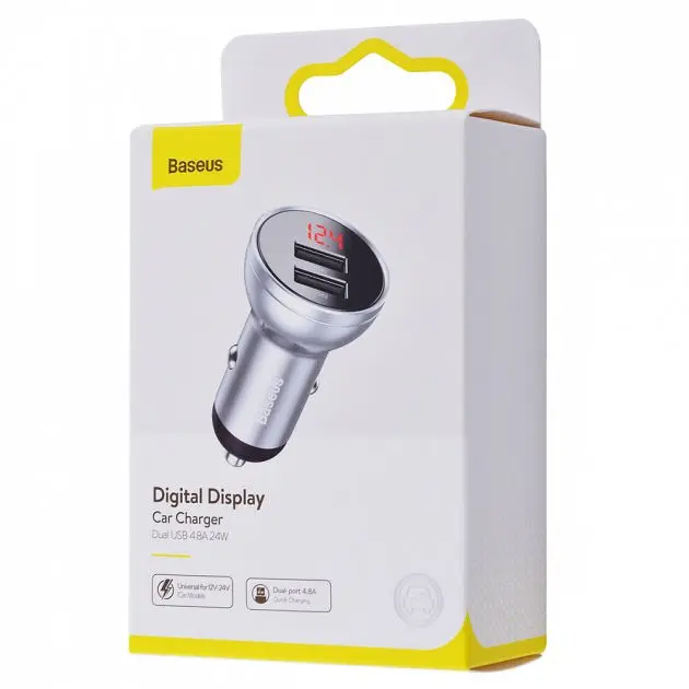 АЗП Baseus Digital Display Dual USB 4.8A Car Charger 24W Grey ( М'ята упаковка ) - фото 3