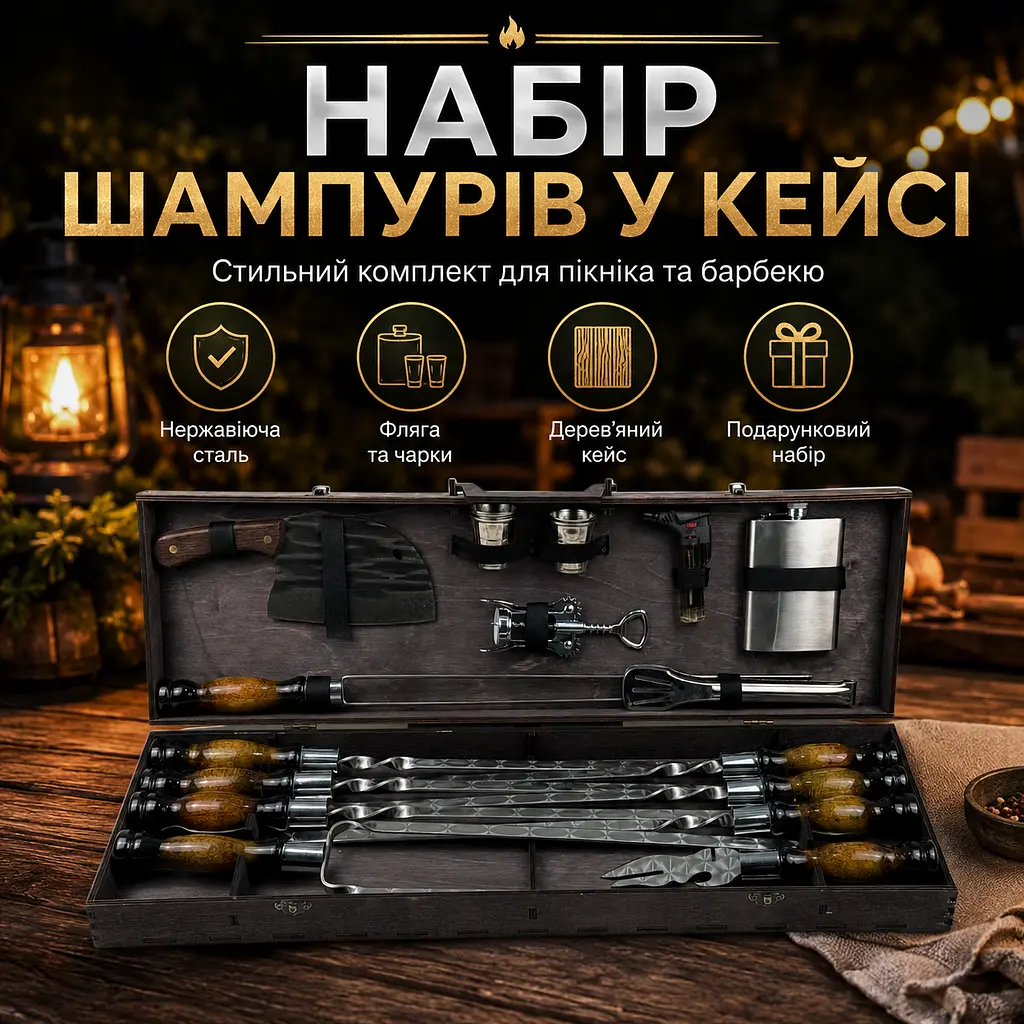Набір шампурів у кейсі 20 предметів з нержавіючої сталі з флягою, тесаком, чарками та щипцями - фото 2