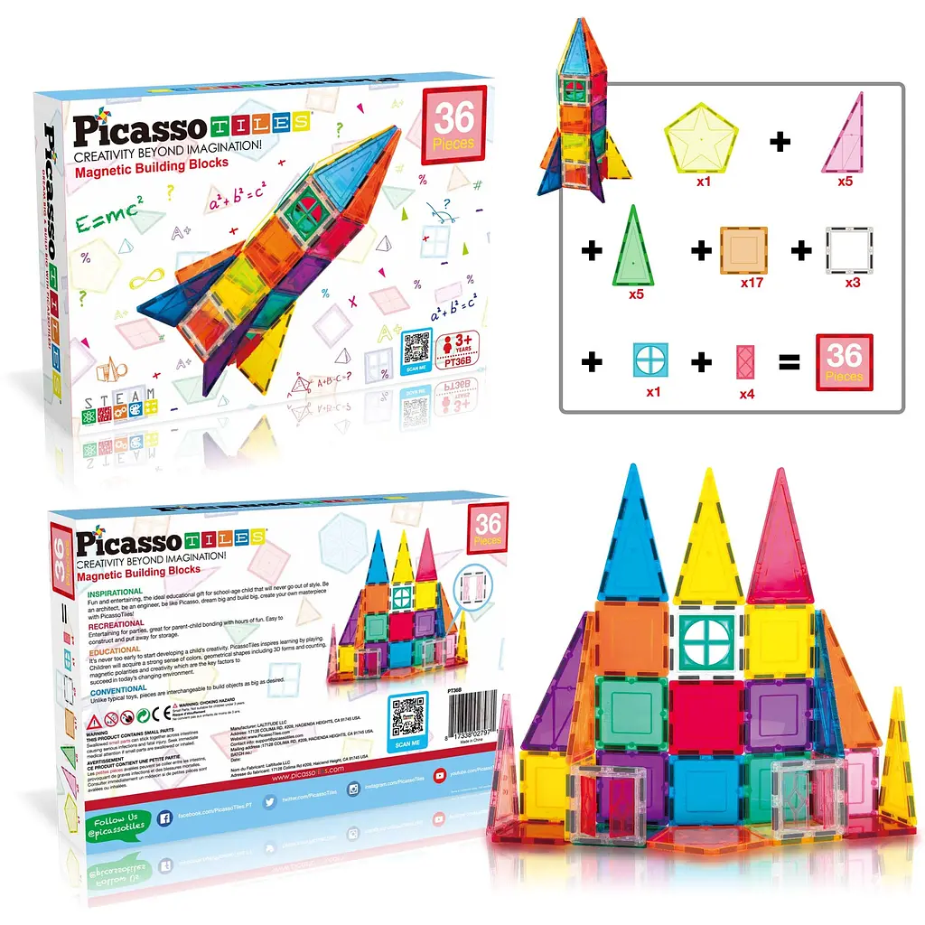 Конструктор магнитный Picasso Tiles Magnetic Building Blocks 36 деталей (PT36B) - фото 3