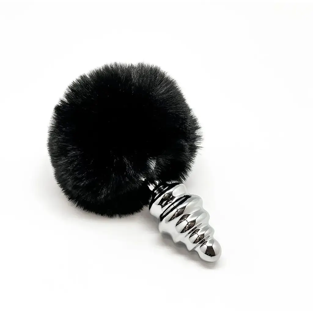 Металлическая анальная пробка Кроличий хвостик Alive Fluffy Twist Plug M Black диаметр 3.4 см - фото 2