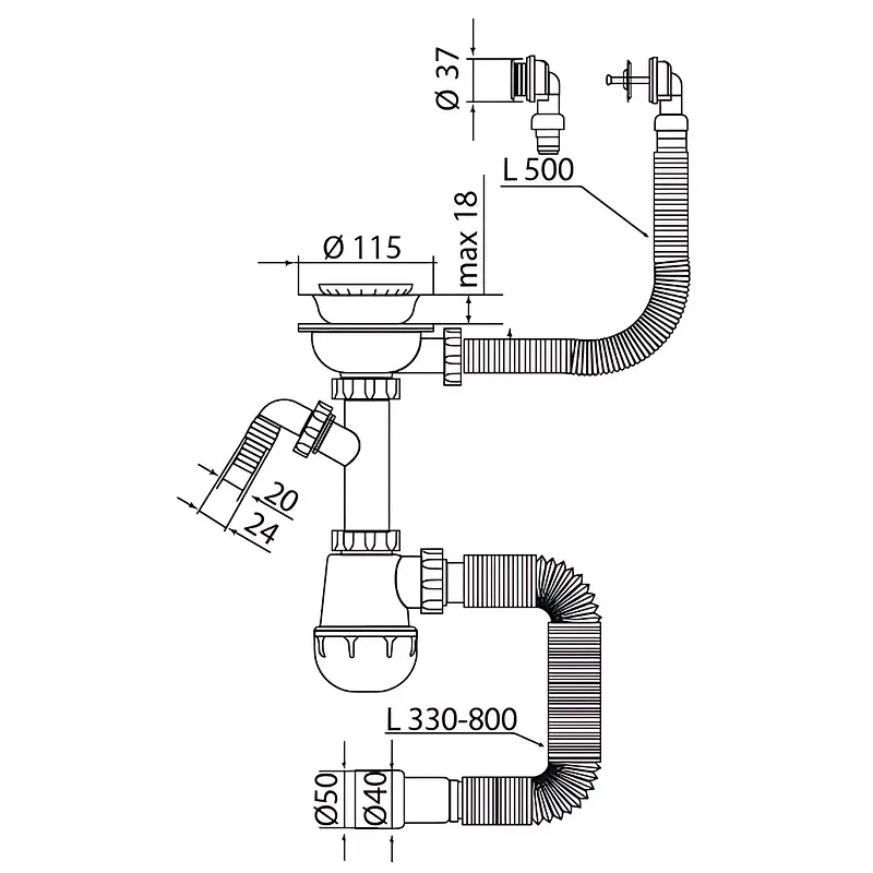 Сифон для кухонної мийки Mixxus SK-07-B з нержавною сіткою, відведенням для пральної машини та гнучким круглим переливом 3 1/2"×40 MI8199 - фото 2