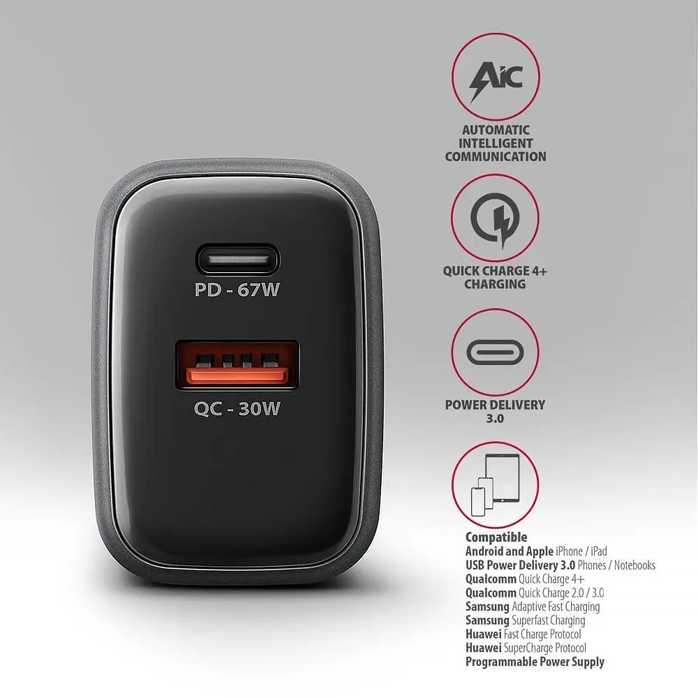 Мережевий зарядний пристрій AXAGON ACU-PQ67, 2x port (USB + USB-C), PD3.0/QC4+/PPS/Apple, 67W, сірий - фото 6
