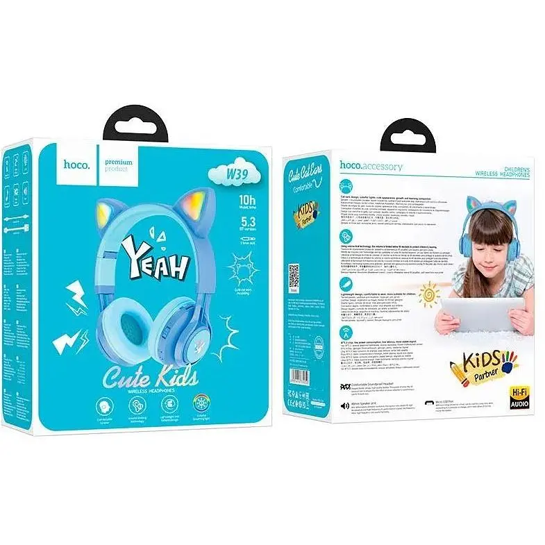 Наушники детские Hoco Cat ear kids BT headphones W39 голубые - фото 3