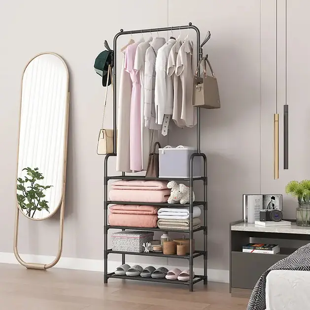 Вішалка для одягу з полицями для взуття Clothes Rack Up / Металева підлогова стійка 170×60×26 см - фото 2