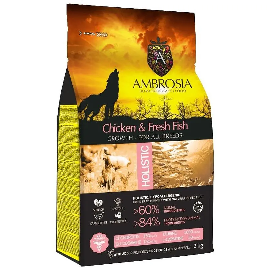 Уцінка. Сухий корм Ambrosia Grain Free для цуценят усіх порід з куркою та свіжою рибою 2 кг 07.12.26