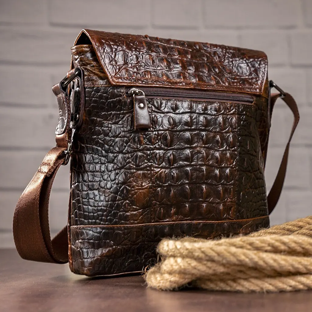 Сумка чоловіча з тисненням під крокодила 14698 Vintage коричнева - фото 4