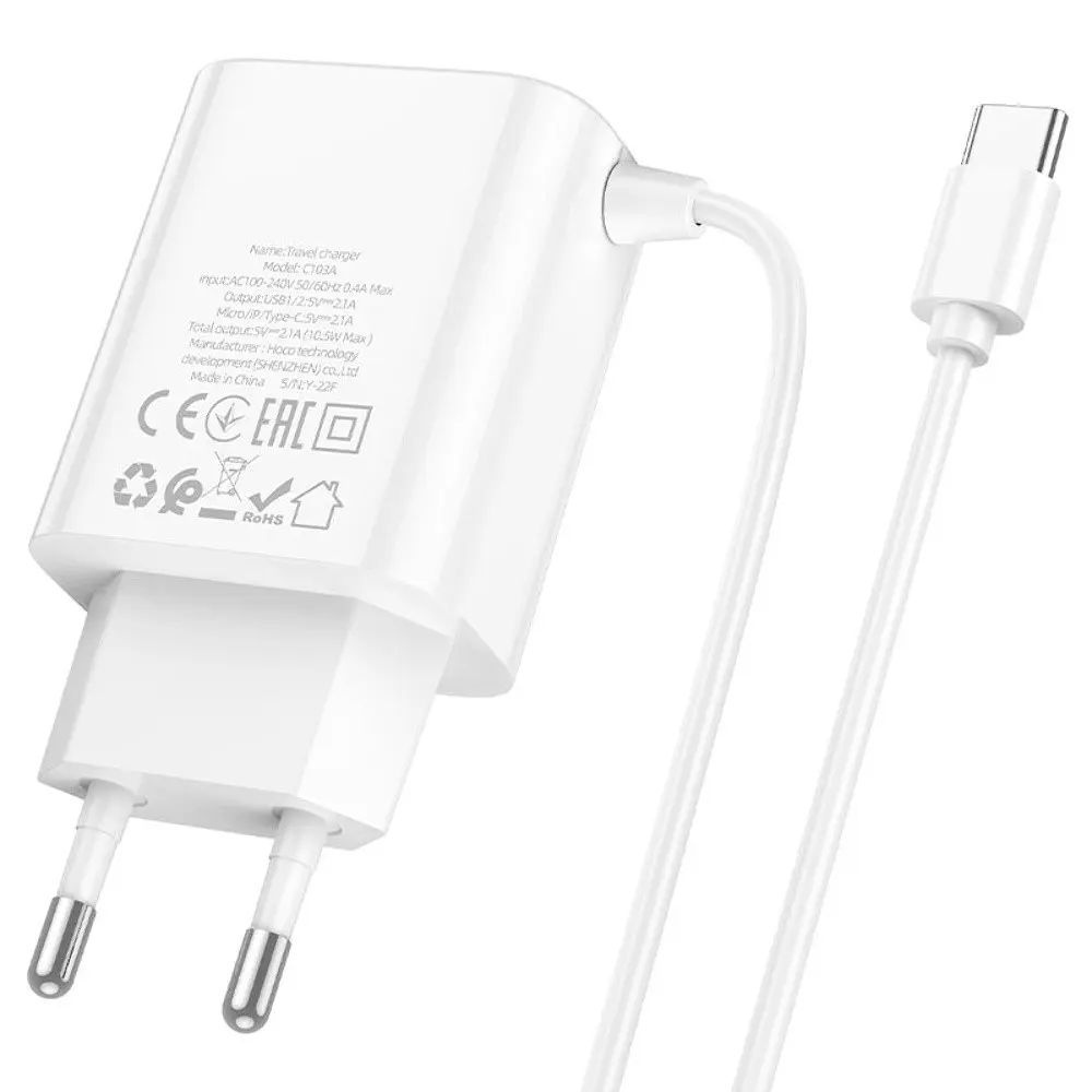 Зарядное устройство Hoco C103A 2 USB белый с кабелем Type-C - фото 5