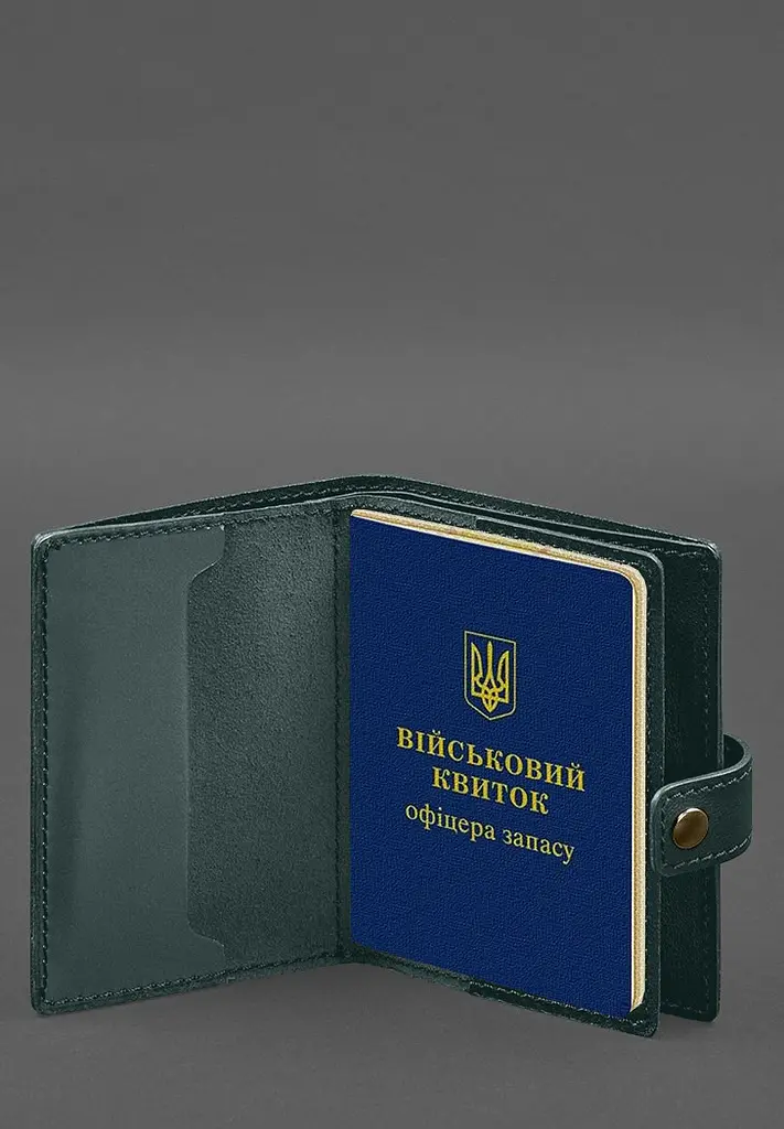 Кожаная обложка-портмоне для военного билета офицера запаса (узкий документ) Зеленый - фото 4