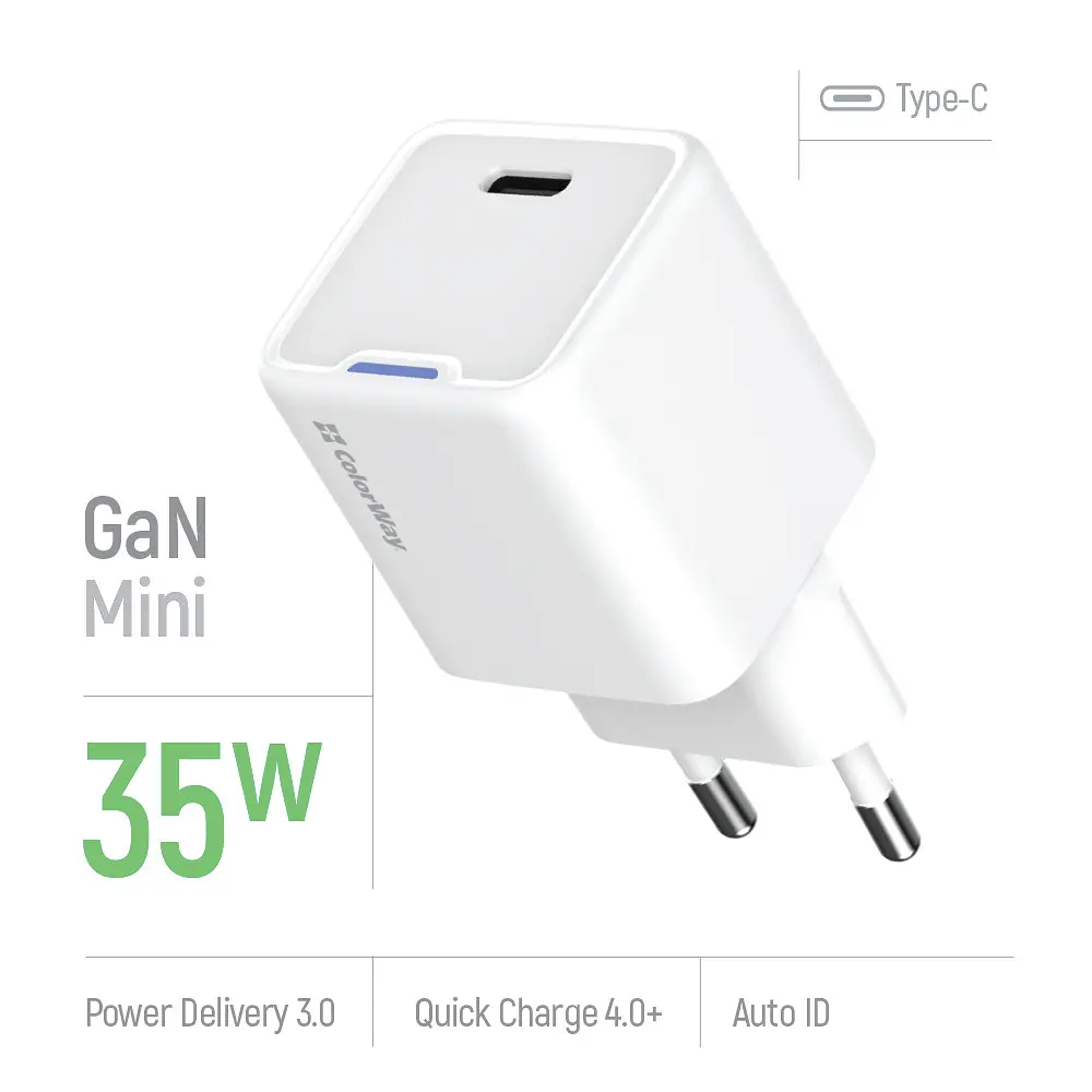 Мережевий зарядний пристрій ColorWay GaN Mini 35W PD Port PPS USB-C Білий (CW-CHS056PD-WT) - фото 7