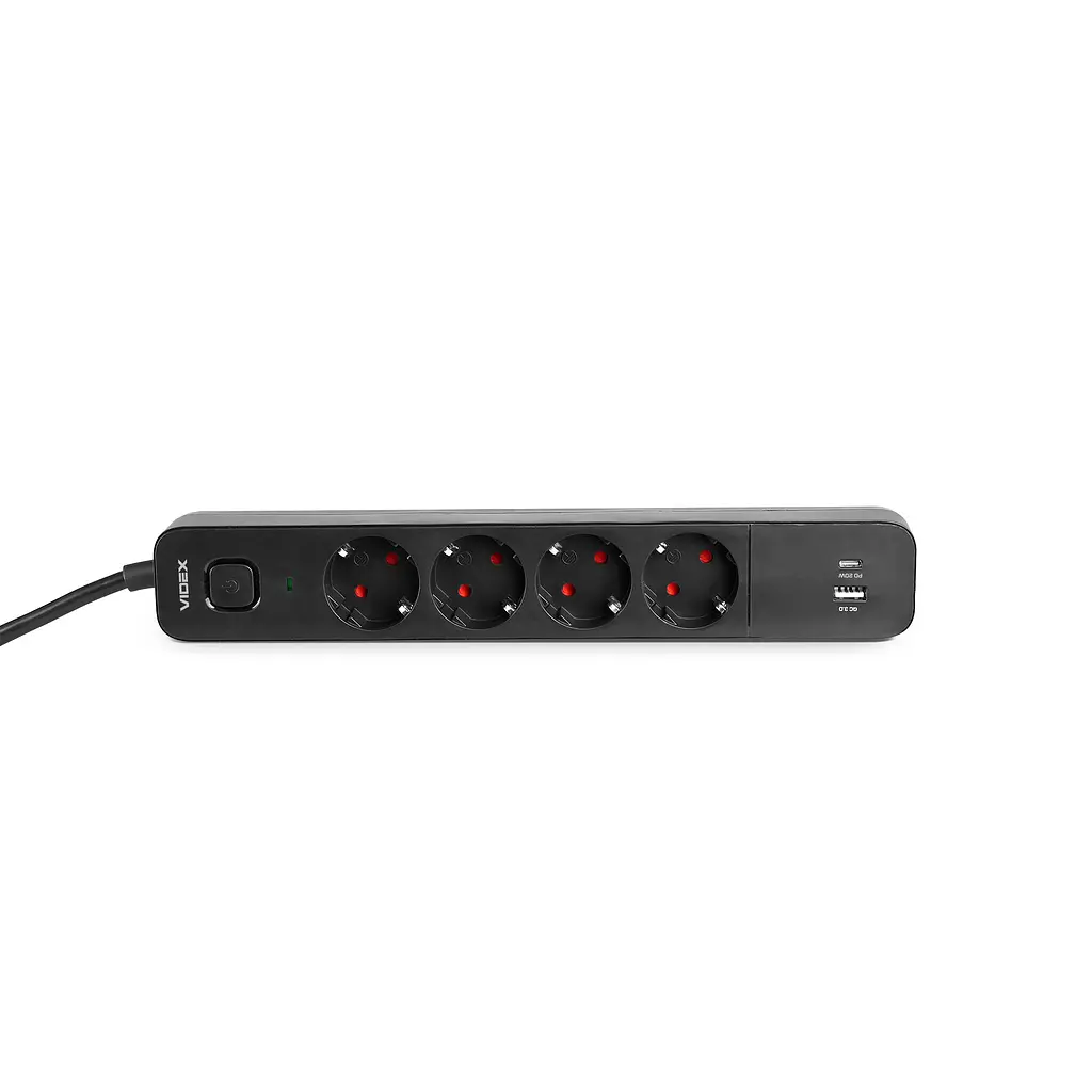 Мережевий подовжувач VIDEX ONCORD з/з 4п 3м (3x1.5мм) 3.4А USB(QC3.0) +USB-C(PD20W) з кнопкою Black VIDEX (27696-000) - фото 5