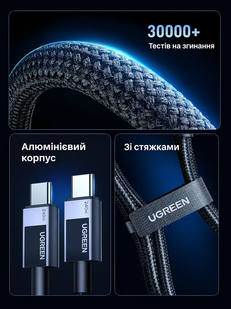 Кабель UGREEN L513 USB-C - USB-C PD 3.1 240 Вт 2 м чорний (45068) - фото 4