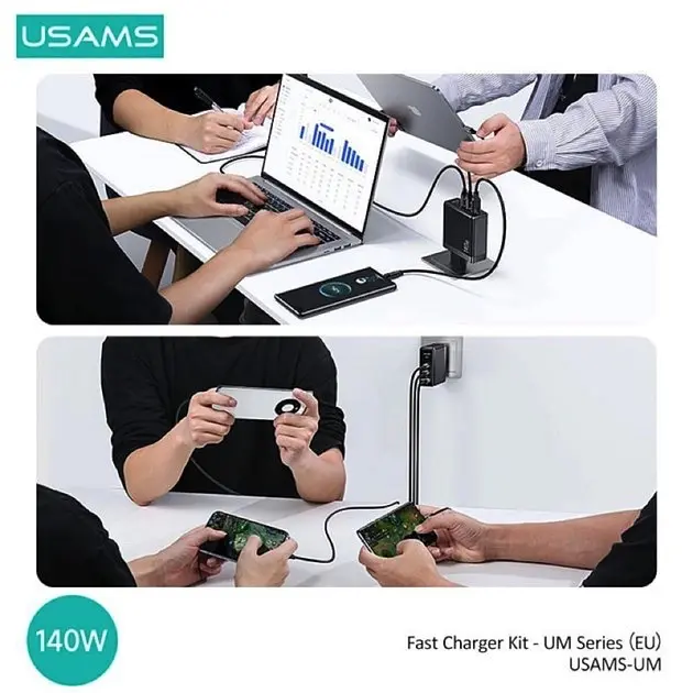 Зарядное устройство для адаптера питания Usams T52 US-UM Fast Charger Kit GaN US-CC168 140W - фото 6