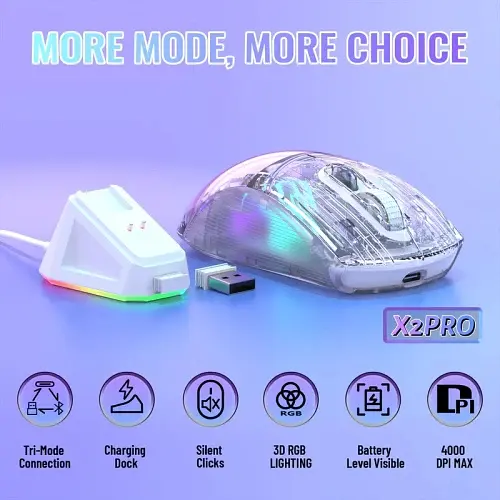 Миша бездротова Attack Shark X2 Pro + док-станція, Transparent White, Bluetooth 5.2 / USB 2.4GHz / Type-C, оптична (сенсор PixArt PAW3212), 1200 - 4000 dpi, RGB підсвічування, 5 кнопок, акумулятор 800 mAh - фото 2