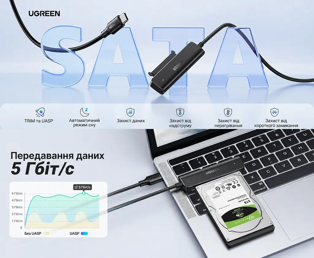 Кабель-адаптер для накопичувачів UGREEN CM321 0,5 м USB-C 3.1 Gen 1 до SATA 3.0 7+15 pin лише для HDD та SSD 2,5″ передавання до 5 Гбіт/с без додаткового живлення з UASP з TRIM з діагностикою S.M.A.R.T. з автоматичним режимом сну для Windows macOS Linux та Chrome OS без встановлення драйверів чорний (70610) - фото 2