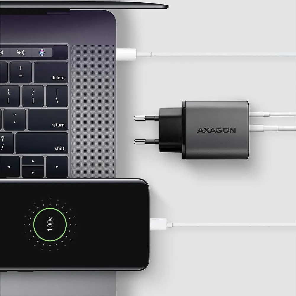 Мережевий зарядний пристрій з дисплеєм AXAGON ACU-PQ67D, 2x port (USB + USB-C), PD3.0/QC4+/PPS/Apple, 67W, сірий - фото 5