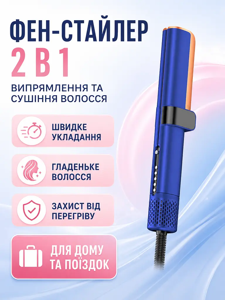 Фен-стайлер синій 1000 W з LED-дисплеєм для вологого та сухого волосся (49675935), Синій - фото 2