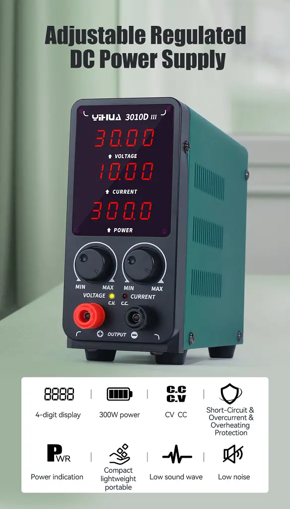 Лабораторний блок живлення Yihua 3010D-III Імпульсний / 30V / 10A / 300W, цифрова індикація напруги, струму та потужності, V/A/W (19466) - фото 6