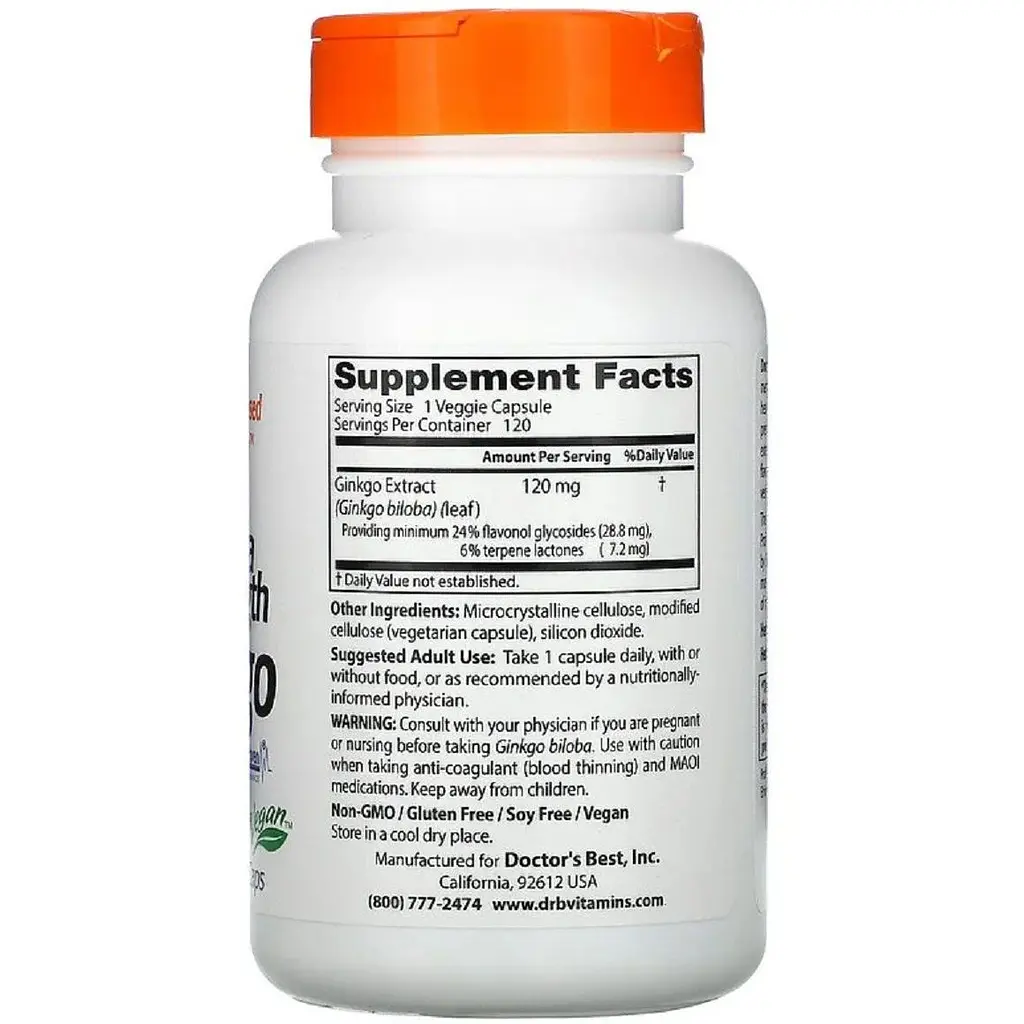 Супер сильний екстракт Гінкго Doctor's Best Ginkgo Extra Stength Profile Proven 120 мг 120 вегетаріанських капсул - фото 2