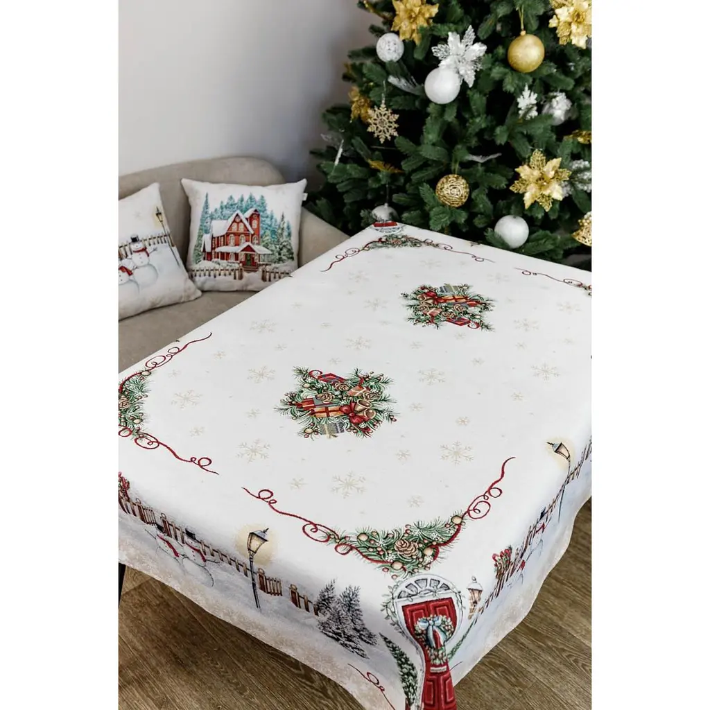 Скатертина Прованс Святковий будинок гобеленова з велюром 240х135 см бежева (31283) - фото 4