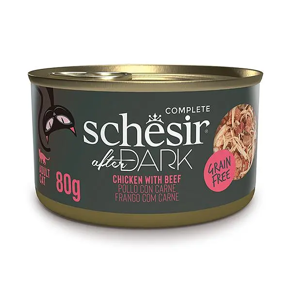 Повнораціонний беззерновий вологий корм для котів Schesir After Dark Chicken With Beef Шезір курка з яловичиною в бульйоні натуральні консерви банка 80 г (112217)