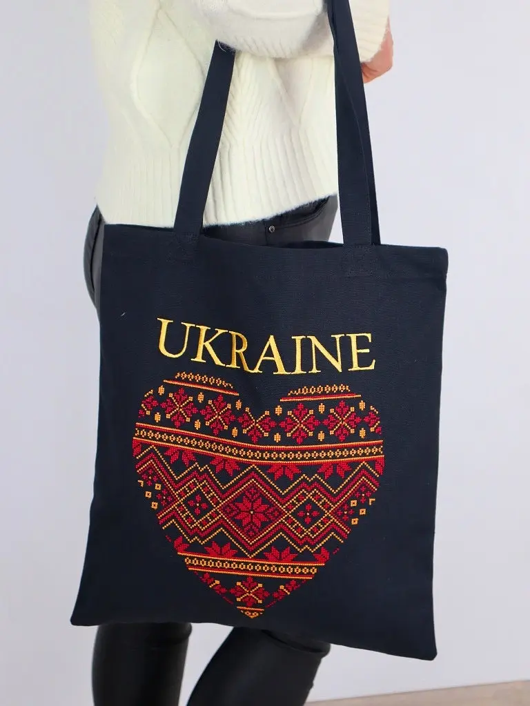 Шоппер з вишивкою UKRAINE червоне серце з золотом, екосумка для покупок - фото 5