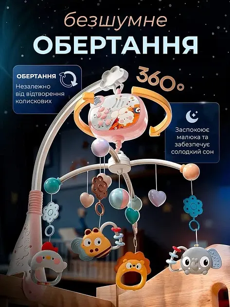 Дитячий мобіль на ліжечко карусель музична для немовлят з таймером проектором з пультом подарунок wtoys колискові мелодії рожевий  - фото 6