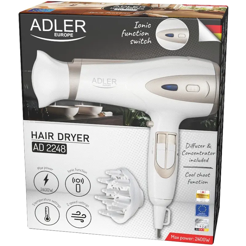 Фен Adler AD 2248 white champagne 2200Вт/ 2 швидкості/ хол.обдув/ темп.режимів-3/ іонізація/ дифузор - фото 2