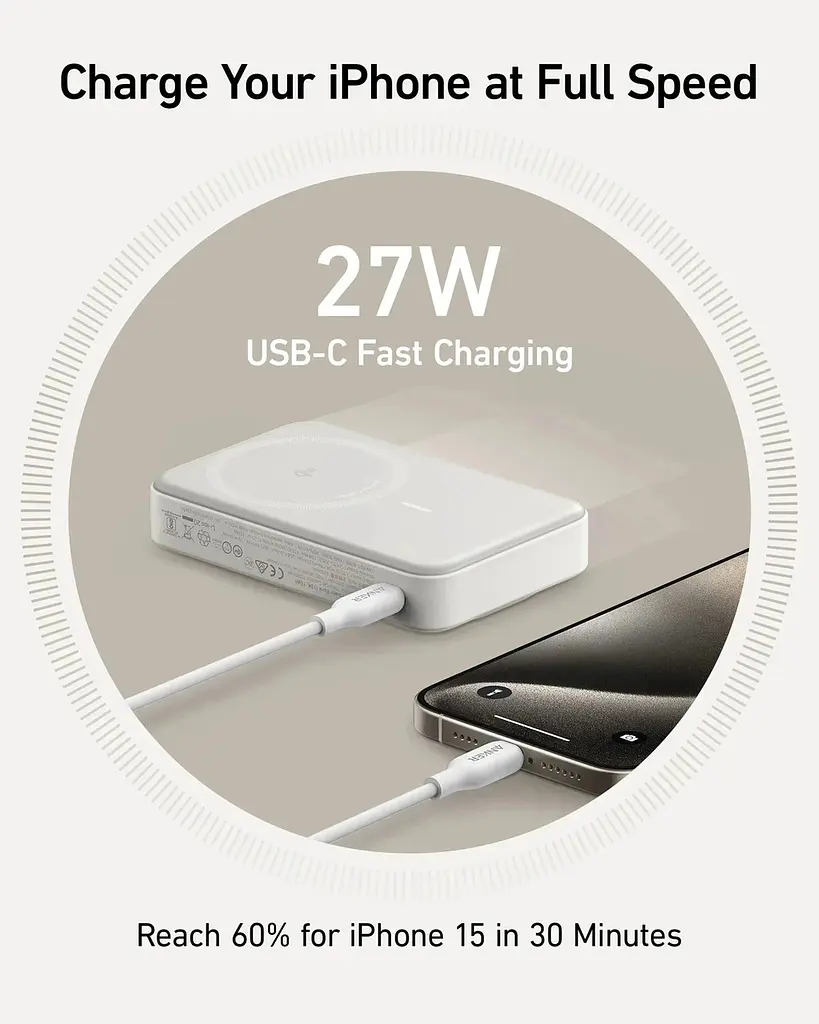 Портативний зарядний пристрій Anker MagGo 10000 mAh Qi2 15W + USB-C PD 27W Білий (7181286) - фото 8