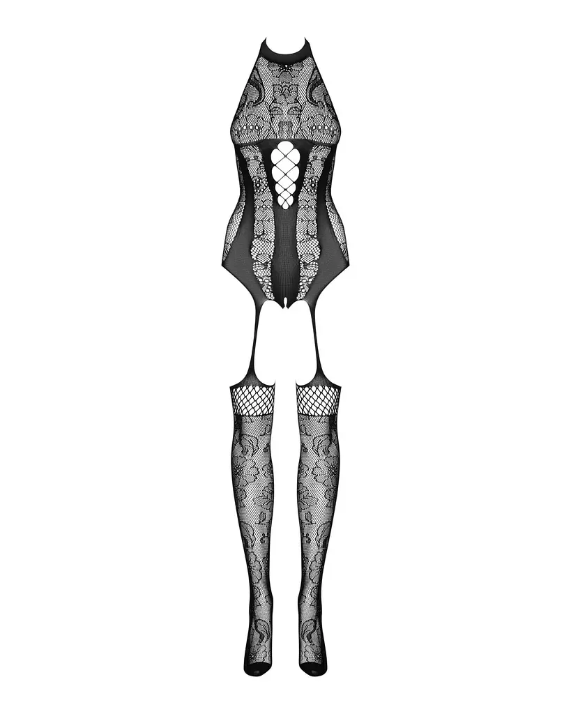 Бодістокінг Obsessive Bodystocking F240, S/M/L, чорний, мереживний малюнок, імітація боді з панчохами - фото 3