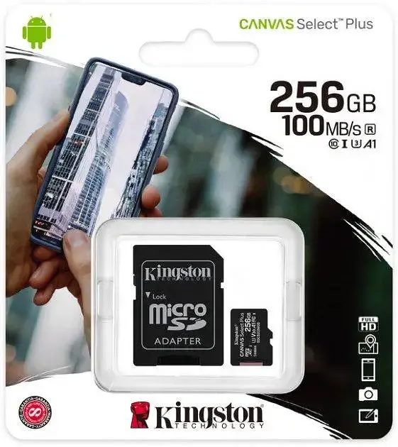 Карта памяти Kingston microSDXC Canvas Select Plus Class 10 UHS-I U1 V10 A1 + SD-адаптер 256GB Full HD и 4K - фото 3