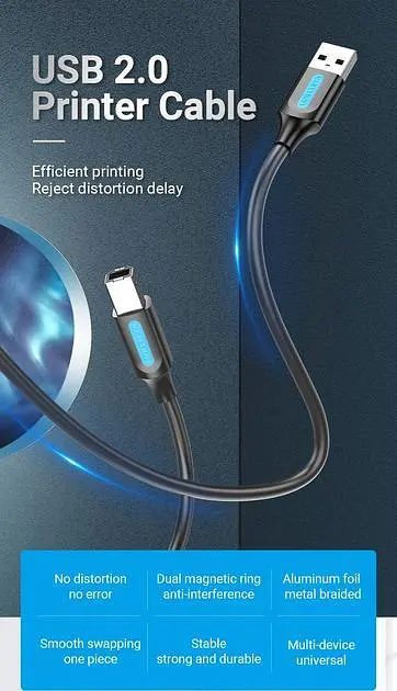 Кабель Vention USB type А 2.0 — USB type B для принтерів, БФП 2.0 480 Мбіт/с 2 A 3 м Black (COQBI) - фото 2