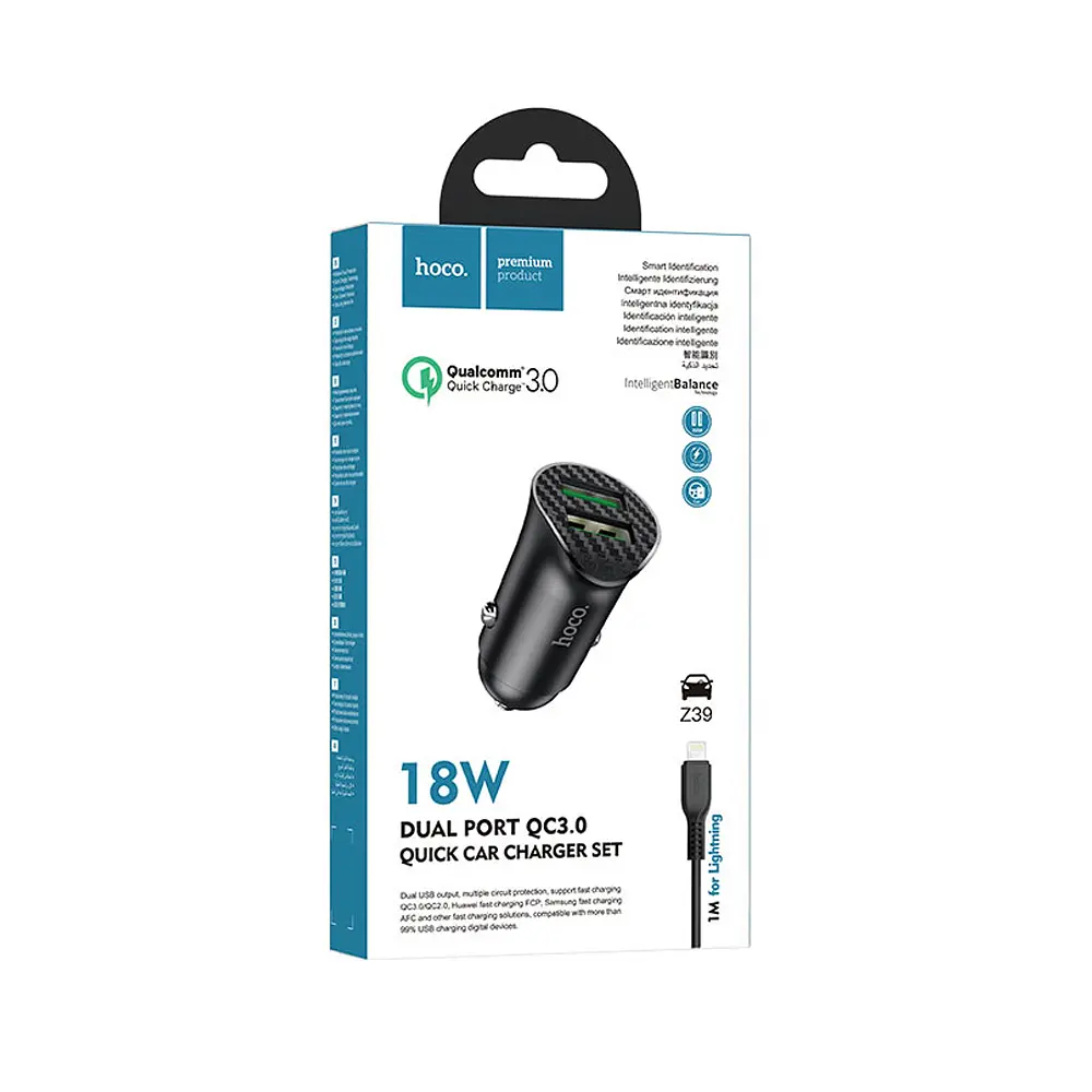 АЗП Hoco Z39 Farsighted dual port QC3.0 Car charger set ( Lightning ) Black - фото 2