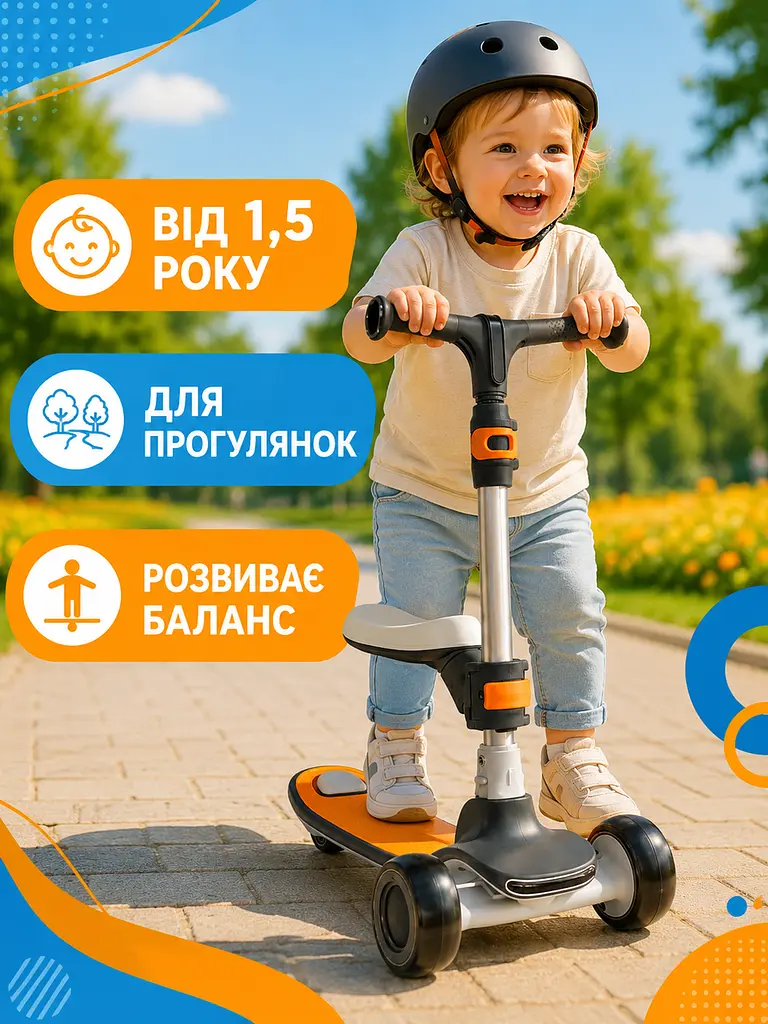 Дитячий самокат-біговел 2в1 чорний із сидінням музикою та підсвічуванням коліс (49675962) - фото 4