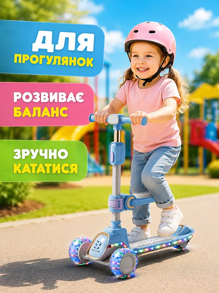 Дитячий самокат триколісний 2в1 блакитний із сидінням підсвічуванням коліс і музикою (49675955) - фото 4