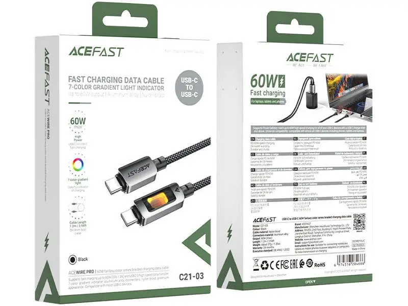 Кабель USB Type-C Acefast C21-03 USB Type-C to USB Type-C 2.0 60W 1.2m Black (6974316284666) - фото 5