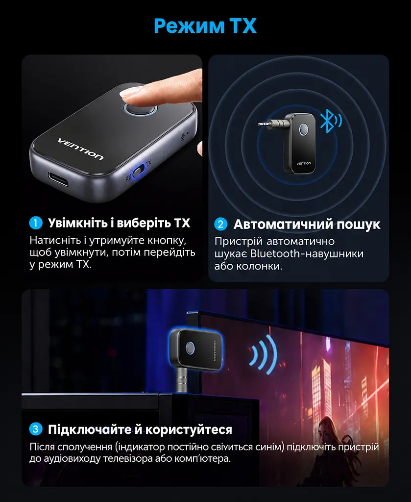 Аудіопередавач і приймач Vention Bluetooth 6.0 AUX 3,5 мм передавання на дві пари навушників або приймання з двох телефонів по черзі мікрофон для дзвінків у режимі приймання приблизно 9 год передавання/12 год приймання AAC/SBC кнопкове керування відтворенням і дзвінками до 10 м на відкритій місцевості автопідключення в режимі приймання знімний адаптер minijack 3,5 мм із двома штекерами заряджання USB-C темно-сірий і чорний із синім кільцем (NAOH0) - фото 11